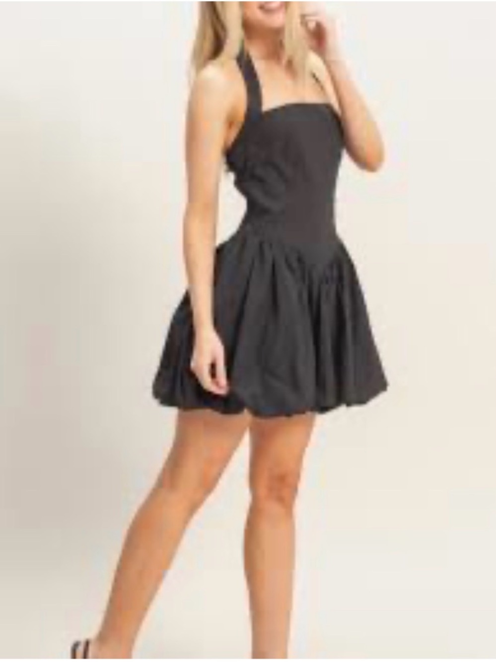 Women’s Elegant Black halter top drop waist Bubble hem mini Dress - size Large